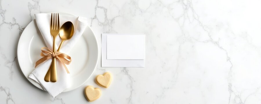 Romantic dinner table setting on white marble texture. White plate, gold fork spoon cutlery with napkin, ribbon. Blank card, heart shaped cookies prepared for special holiday celebration meal event