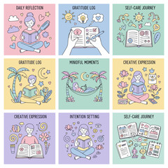 Fototapeta premium Cute doodle vector collection illustrating selfcare reflection gratitude and mental wellness activities