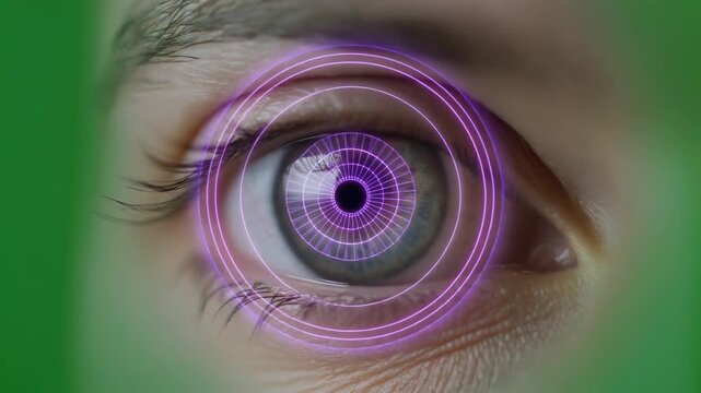 A close-up of a human eye with a glowing purple circular graphic overlay representing a futuristic biometric scan. - Powered by Adobe