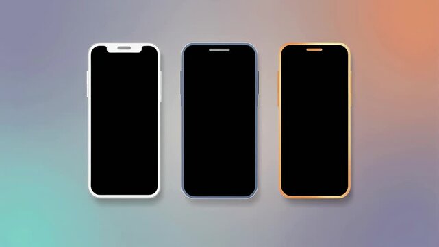 Three Modern Smartphone Mockup Screens Reveal on Gradient Background with Alpha Channel for App Display