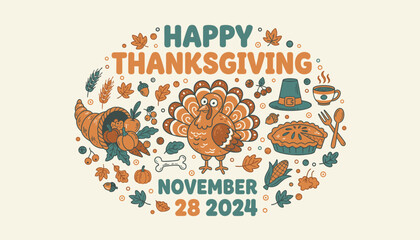 Happy Thanksgiving 2024 retro illustration with turkey cornucopia pie and fall harvest elements
