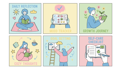 Six illustrations selfcare mood tracking goal setting and daily reflection for personal wellness
