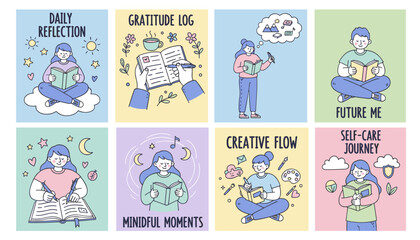 Fototapeta premium Selfcare and journaling routine vector set reflection gratitude mindfulness and creative flow illustrations