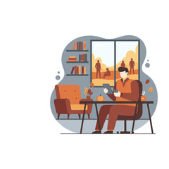 Autumn remote work illustration Man uses tablet at home with fall leaves and warm drink