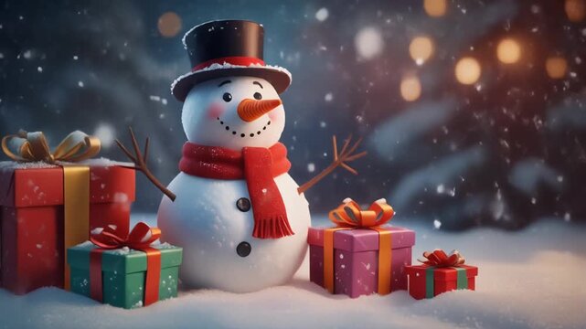 Happy Christmas scene, cute 3D rendering of a smiling snowman with a red scarf and top hat, 