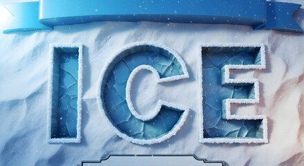 Ice cold winter season with snow and frozen ground as an icy letters banner on top, blue colour with light effect, a beautiful background for cards with empty space