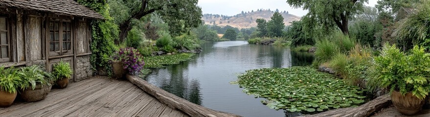 Fototapeta premium Charming Wood Cabin Overlooking a Tranquil Pond with Lily Pads, Lush Greenery, and Rolling Hills Landscape.