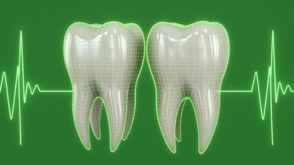 A 3D rendering of two healthy white molar teeth with a glowing green EKG pulse line symbolizing dental health and vitality. - Powered by Adobe