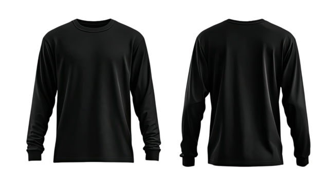 Plain black long-sleeve shirt, front and back views, on black