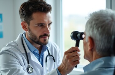 Male doctor examines senior patient eye with ophthalmoscope during consultation. Eye exam in optometry clinic checks patient vision. Healthcare professional assists man in optical office.