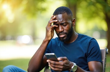 Sad Black man checks mobile phone outdoors in park. Looks worried, stressed, holding head. Adult guy reads bad news on smartphone in green sunny park. Feels anxious about social media, digital