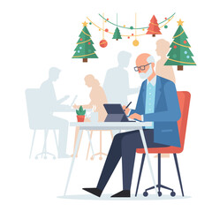 Senior professional works on a tablet in a modern office decorated for the Christmas holidays
