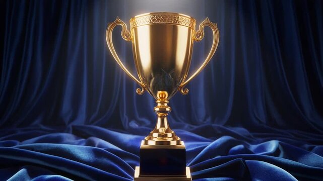 Cinematic scene of a glowing golden trophy standing on rich royal blue velvet fabric, dramat