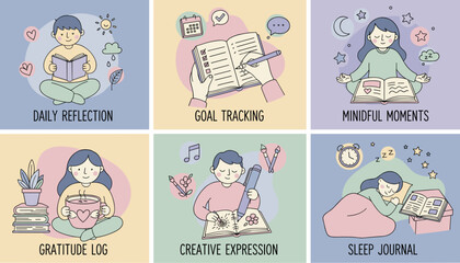 Collection of selfcare habits journaling reflection goal tracking mindfulness gratitude and sleep