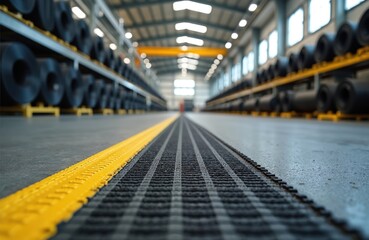 Obraz premium Industrial warehouse interior. Rows of coiled materials on shelves under bright ceiling lights. Clean concrete floor with yellow safety line and grey grate.