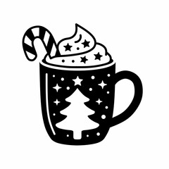 Festive Hot Chocolate Mug with Candy Cane and Christmas Tree