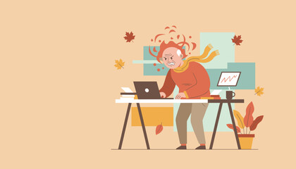 Angry senior man stressed by work on laptop burnout frustration autumn office concept