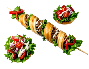 Assorted mini sandwiches and skewers with fresh vegetables and meats arranged for a snack platter