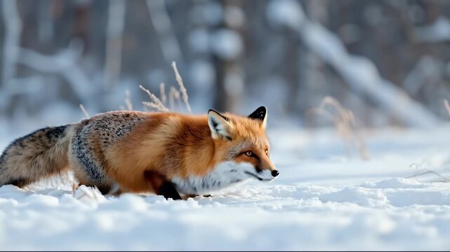 Red fox hunting in deep snow, stalking and pouncing in a winter forest habitat with blurred trees background, displaying natural wildlife behavior.