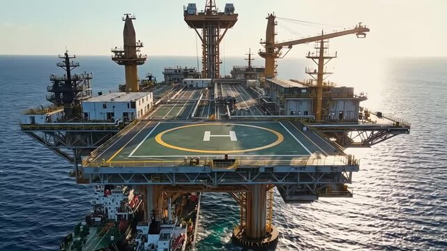 Expansive aerial view of a massive offshore oil platform operating in the vast blue ocean, a critical infrastructure for hydrocarbon extraction and global energy supply