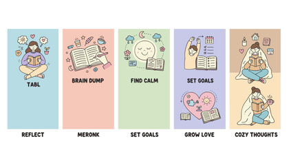 Cute illustration panels showing selfcare practices like reading journaling goal setting and finding calm