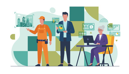 Diverse team managing smart city infrastructure construction and data analysis using modern technology