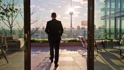 man in suit walking towards cityscape view in modern luxury apartment | business, success, lifestyle, real estate, ambition theme