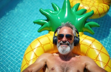 Smiling senior man with headphones and sunglasses floats on pineapple inflatable in pool. He relaxes to music, enjoys summer vacation and swimming pool fun.