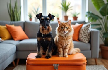 Dog and cat sit on orange suitcase in modern living room. Pet friends prepare for journey. Funny animals ready for travel adventure together at home. Loyal companions pose, wait to explore new place.