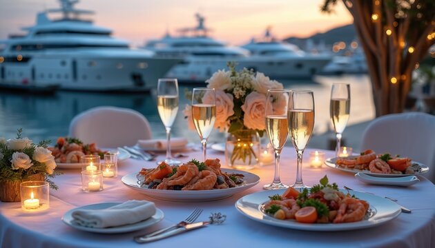 Elegant table setting with seafood dinner and champagne by yachts at dusk. Romantic seaside meal with floral decor and candles. Guests enjoy luxury dining by calm marina water.