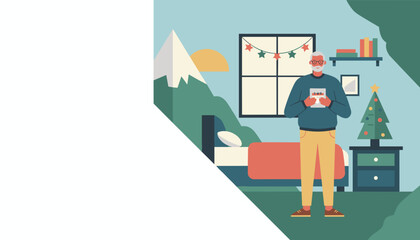 Senior man using a tablet in a cozy festive room Retirement planning or winter holiday illustration