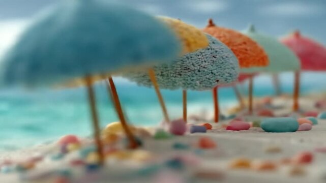 Colorful miniature umbrellas on sandy beach near ocean with blue sky