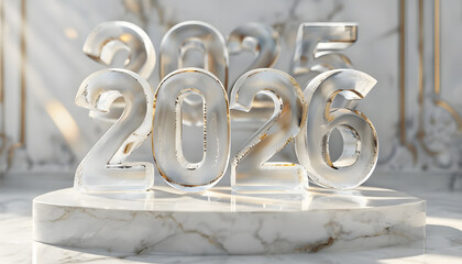 New Year 2026: Frosted Glass Numbers on Elegant Marble Pedestal