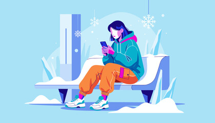 Young person uses smartphone on a snowy bench Digital connectivity isolation and winter lifestyle illustration