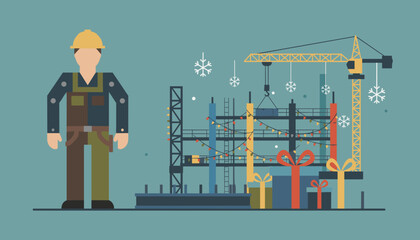 Festive construction site with worker crane gifts and holiday lights Flat design illustration