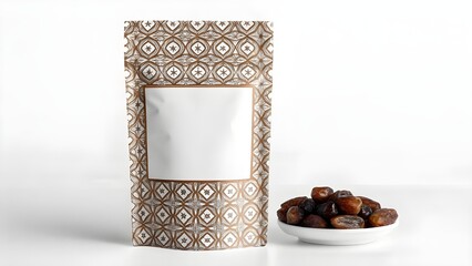 A package of dates with a blank label stands next to a small bowl filled with dates.