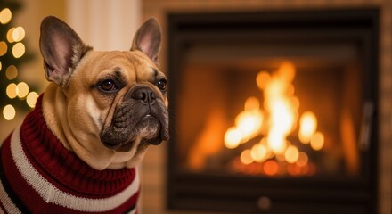 Portrait of a French Bulldog wearing a festive sweater by a cozy fireplace. Adorable pet dog enjoying the warm holiday season at home