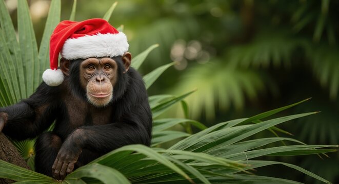 A funny chimpanzee wearing a red Santa hat for Christmas. Cute primate animal celebrating the holiday season in a tropical jungle with copy space - Powered by Adobe