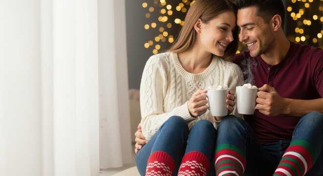 Romantic couple enjoying a cozy winter evening with hot chocolate. Man and woman in festive christmas socks smiling together at home with copy space