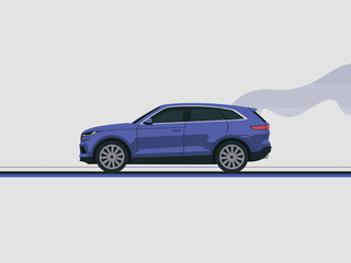 A sleek blue car is depicted moving along a stylized road, emphasizing speed and modern automotive design in a clean vector art style.