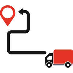 Red Truck Moving Along Black Route Path Showing Navigation From Red Location Pin To Destination On Transparent Background