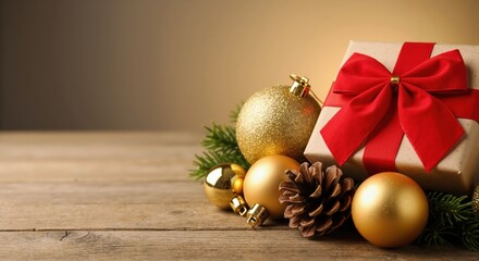Christmas gift box with a red ribbon and golden ornaments on a rustic wooden table. Festive holiday background with decorations and copy space