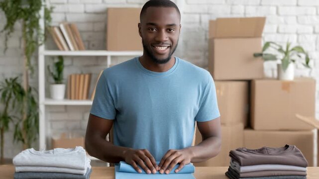 Happy man folding clean t-shirts at home, smiling and enjoying the process