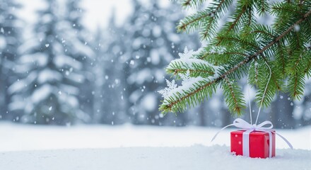 A red Christmas gift box in the snow under a fir tree branch. Winter holiday background with falling snow and copy space for text