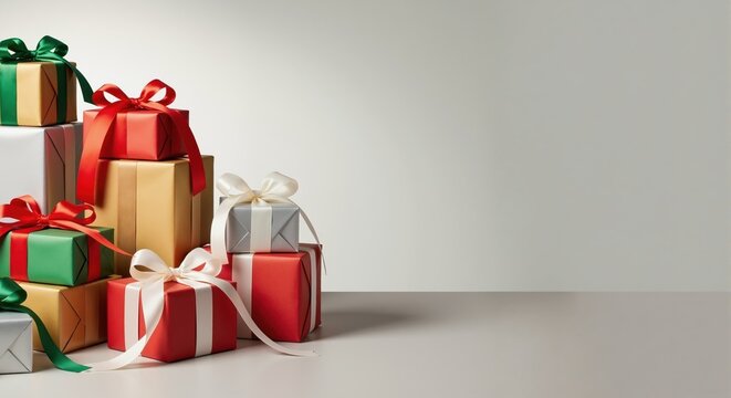 A stack of colorful gift boxes with ribbons. Holiday presents wrapped in red, green, gold, and silver paper for a celebration. Background with copy space - Powered by Adobe