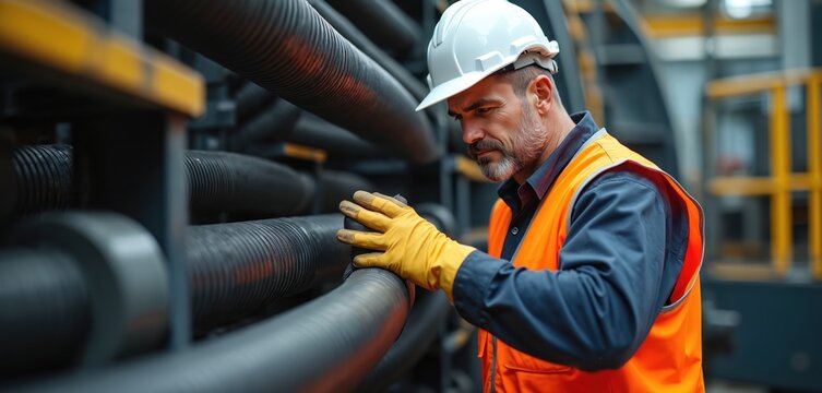 Man in hard hat and safety vest inspects industrial hoses connected to machinery. Worker checks system integrity, ensuring safe operation of equipment. Professional at work.