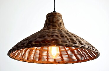 Wicker pendant lamp glows against clean white. Handcrafted woven light fixture illuminates with warm bulb. Rustic shade creates cozy atmosphere perfect for home decor and stylish eco interior design.