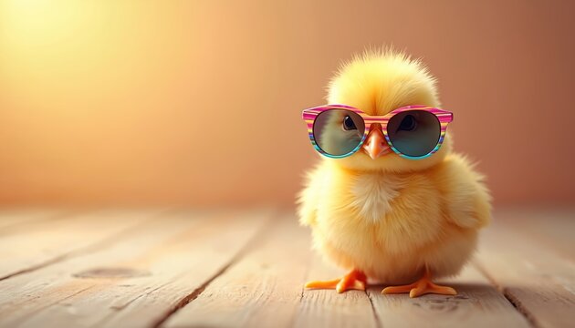 Cute yellow baby chick wears colorful trendy sunglasses. Funny small bird stands on wooden floor looking cool, stylish. Adorable fluffy animal character poses for happy summer concept. Little chicken