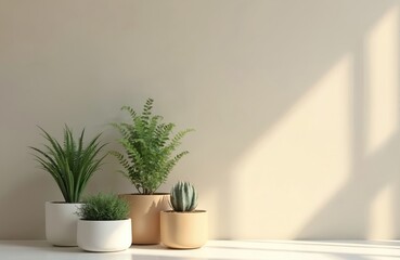Group of assorted potted green plants on shelf. Different types of indoor plants in pots arranged on surface. Natural light creates shadows on plain wall background.