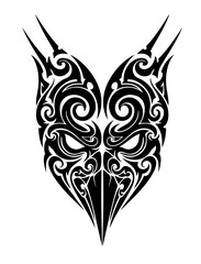 A symmetrical black tribal tattoo design depicting a stylized mystical mask with sharp horns, intricate swirls, and a pointed beak, rendered as a bold high-contrast vector silhouette illustration